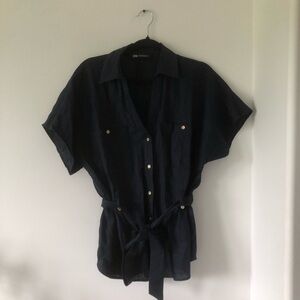 Zara Dark Navy Linen Blend Button-Front Tie-Waist Shirt | Size M